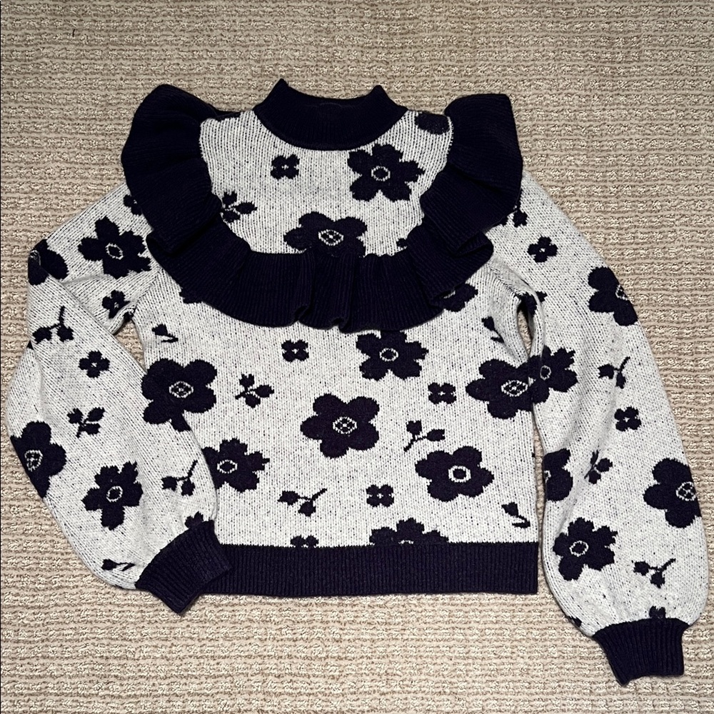 Lost + Wander Floral Cowl Sweater - Navy and white